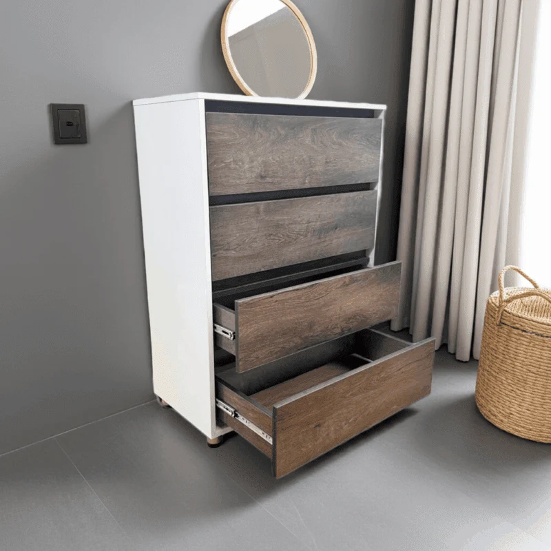 Comodă albă cu 4 sertare finisaj nuc închis – design modern, 4S/FI/FM 2